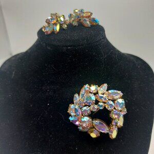 VTG Sherman Swarovski Crystals AB Brooch and Clip on Earrings Demi Parure Signed